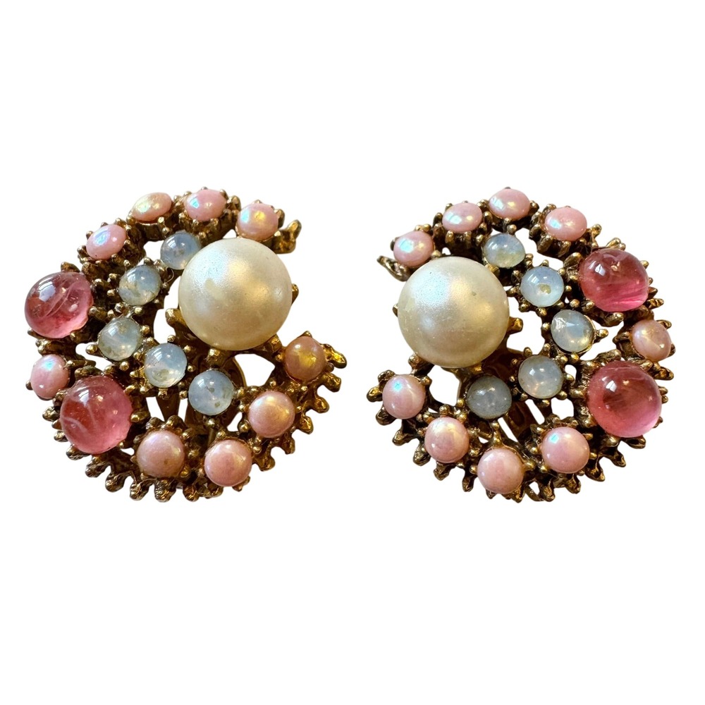 VNTG Pink‎ Faux Pearl Moonstone Glass Statement Earrings Celestial Fairy Whimsy